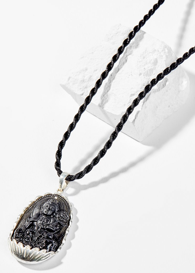 Mặt Dây Chuyền Phong Thủy Đá Obsidian Phật Bản Mệnh Tuổi Thìn, Tỵ Phổ Hiền Bồ Tát Bọc Bạc (4x2.5cm)
