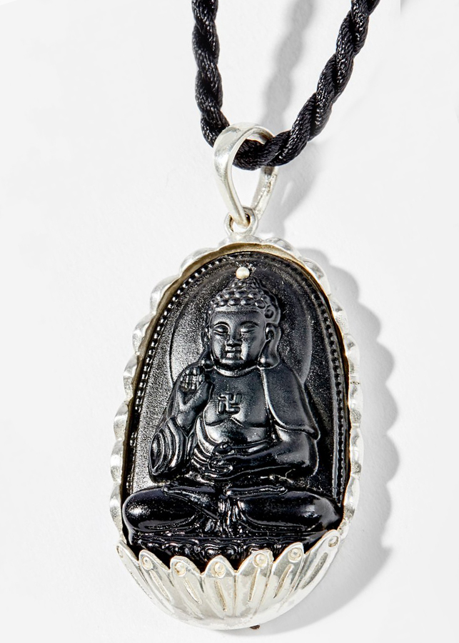 Mặt Dây Chuyền Phong Thủy Đá Obsidian Phật Bản Mệnh Tuổi Tuất, Hợi A Di Đà Bồ Tát Bọc Bạc (4x2.5cm)